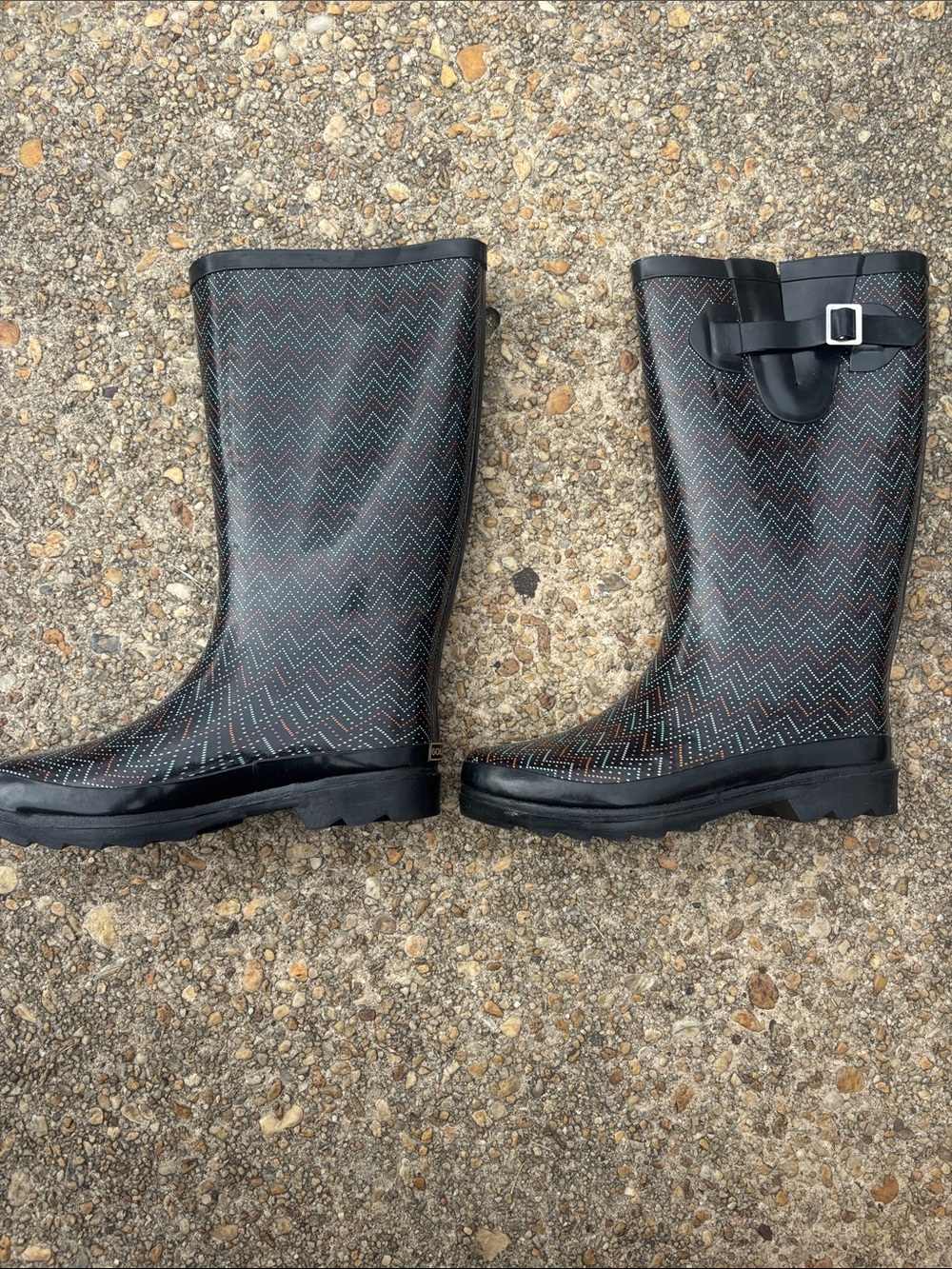 Gold Toe Black Rain Boots with Multicolor Chevron Dots